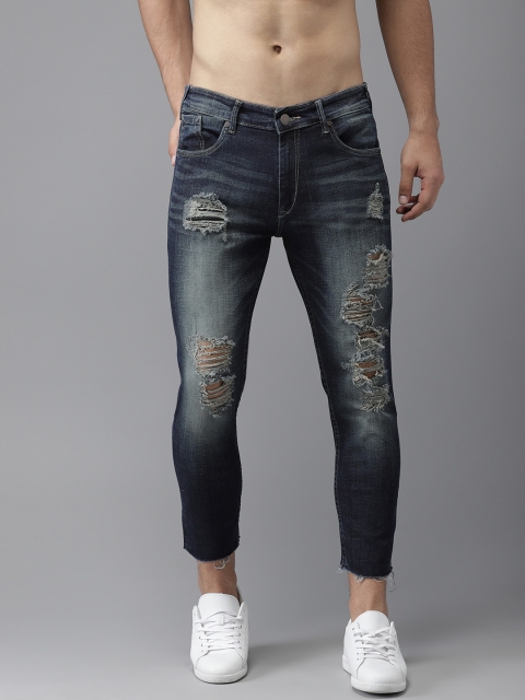 

HERE&NOW Men Blue Slim Fit Mid-Rise Highly Distressed Stretchable Cropped Jeans