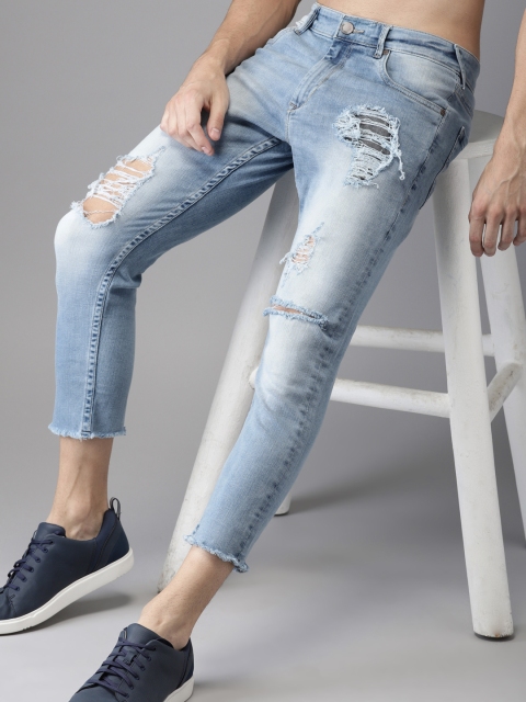 

HERE&NOW Men Blue Slim Fit Mid-Rise Highly Distressed Stretchable Cropped Jeans