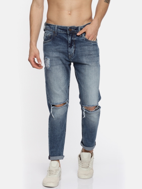 

HERE&NOW Men Blue Tapered Fit Mid-Rise Slash Knee Stretchable Cropped Jeans