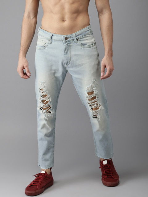 

HERE&NOW Men Blue Slim Fit Mid-Rise Highly Distressed Stretchable Cropped Jeans