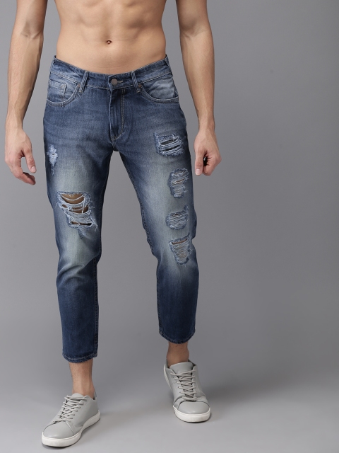 

HERE&NOW Men Blue Slim Fit Mid-Rise Highly Distressed Cropped Jeans