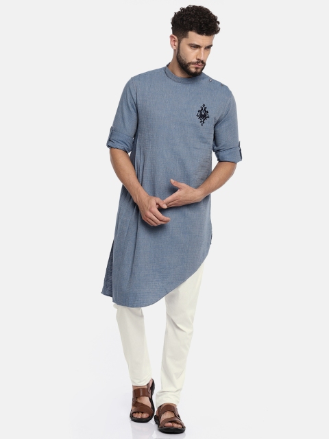 

Freehand Men Blue & White Self Design Kurta with Pyjamas