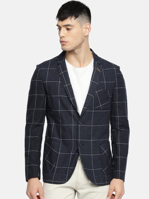 

The Indian Garage Co Navy Blue & Grey Checked Slim Fit Single-Breasted Casual Blazer