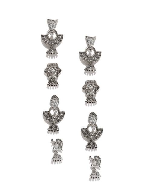 

Zaveri Pearls Set of 4 Oxidised Silver-Plated Jhumkas