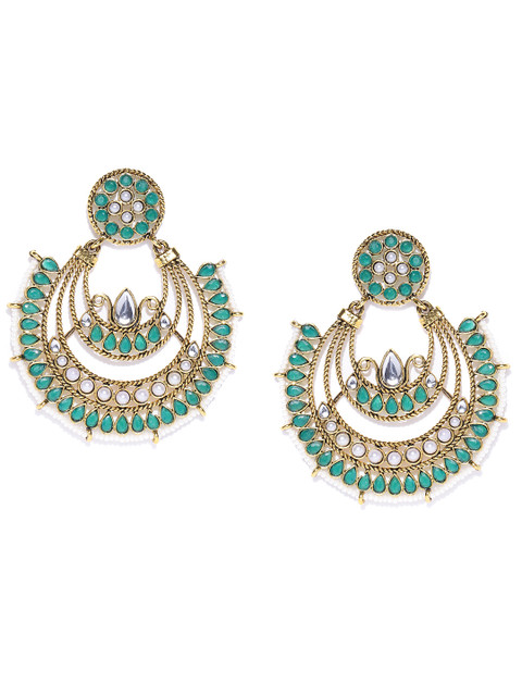 

Zaveri Pearls Green & Off-White Antique Gold-Plated Crescent Shaped Chandbalis