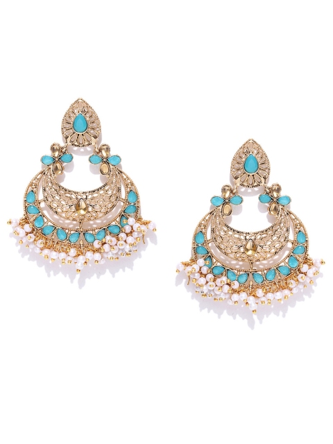 

Zaveri Pearls Blue & Off-White Gold-Plated Crescent Shaped Chandbalis