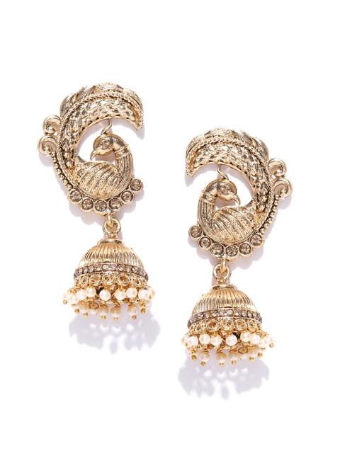 

Zaveri Pearls Off-White Antique Gold-Plated Peacock Shaped Jhumkas
