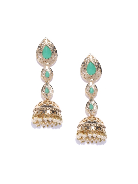 

Zaveri Pearls Green Gold-Plated Stone-Studded & Beaded Dome Shaped Jhumkas