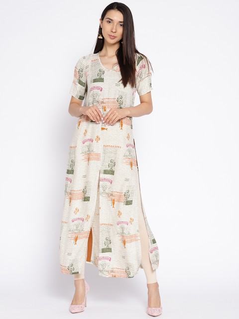 

Aujjessa Women Cream-Coloured & Mustard Yellow Printed Straight Kurta