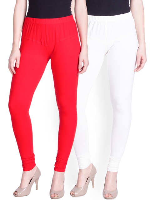 

LYRA Women Pack of 2 White & Red Churidar Leggings