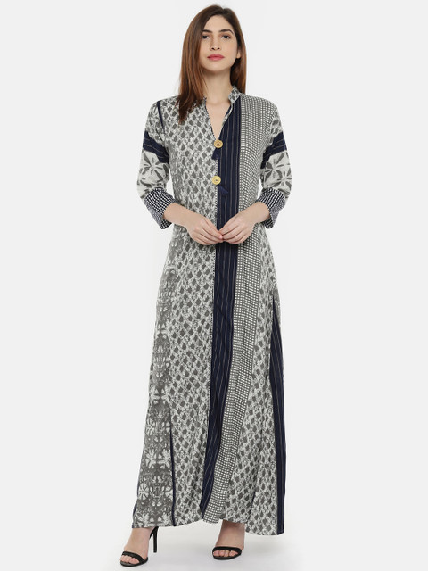 

shiloh Women White & Grey Printed Straight Kurta
