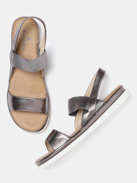 

Mast & Harbour Women Gunmetal-Toned Solid Open Toe Flats, Metallic