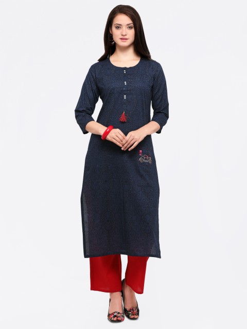 

Inddus Women Navy Blue & Red Printed Straight Kurta