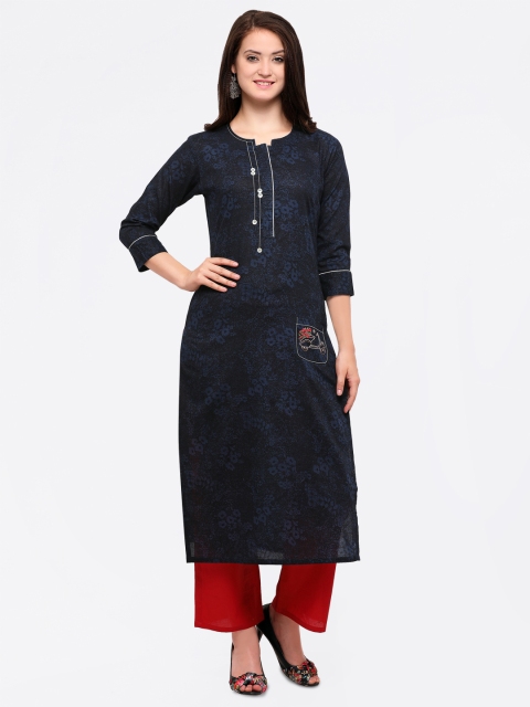 

Inddus Women Navy Blue Floral Printed Straight Kurta