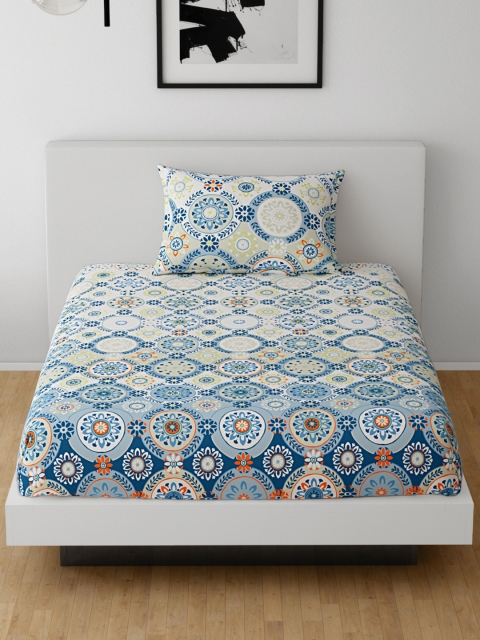 

SPACES Blue & White Ethnic Motifs Flat 144 TC Cotton 1 Single Bedsheet with 1 Pillow Covers