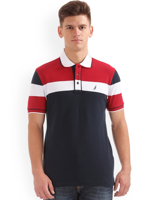

Nautica Men Navy Blue & Red Colourblocked Polo Collar T-shirt