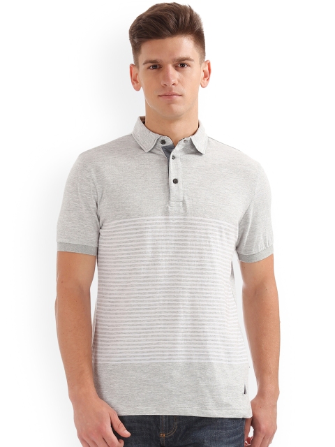 

Nautica Men Grey & White Striped Polo Collar T-shirt