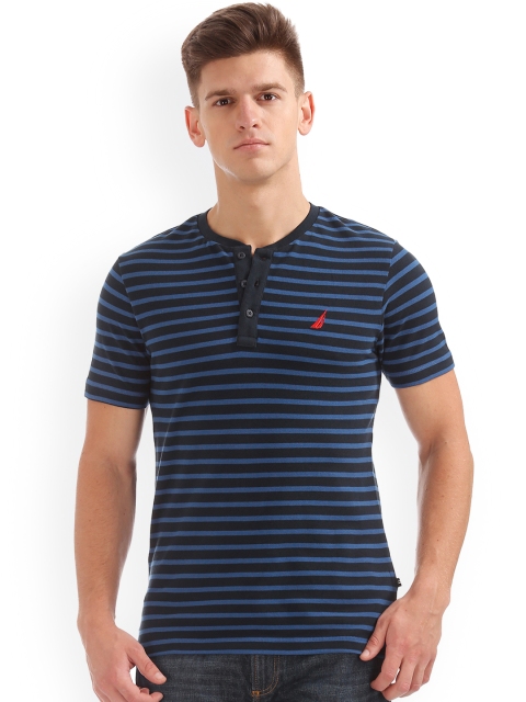 

Nautica Men Blue Striped Henley Neck T-shirt