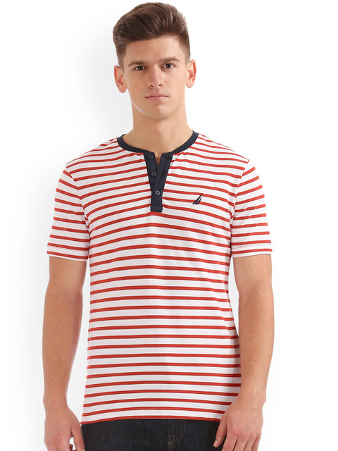 

Nautica Men Red & White Striped Henley Neck T-shirt
