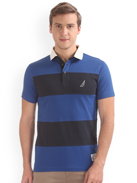 

Nautica Men Blue & Navy Blue Striped Polo Collar T-shirt