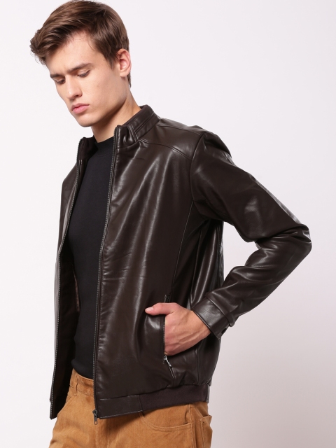 

ether Men Coffee Brown Solid Biker Jacket