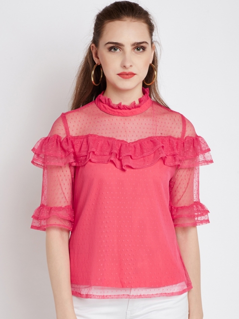 

RARE Women Pink Dobby Lace Detail Top