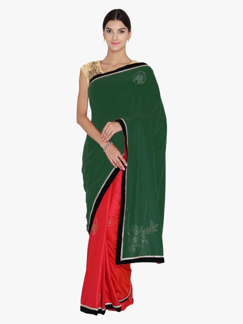 

Chhabra 555 Green & Red Velvet Swarowski Work Party Wear Saree