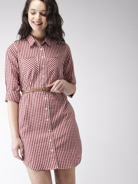 

Mast & Harbour Women Maroon Checked Shirt Dress