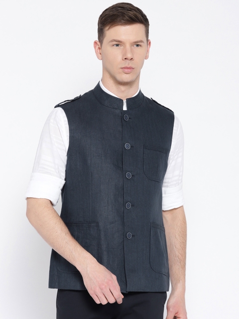 

Van Heusen Navy Linen Solid Slim Fit Nehru Jacket, Navy blue