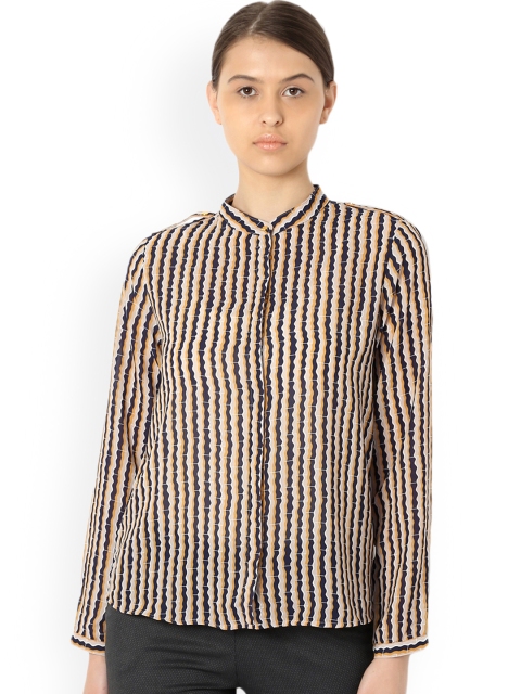 

Van Heusen Woman Women Navy Blue & Peach-Coloured Regular Fit Striped Casual Shirt