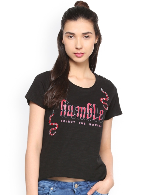 

People Women Black Printed Round Neck T-shirt