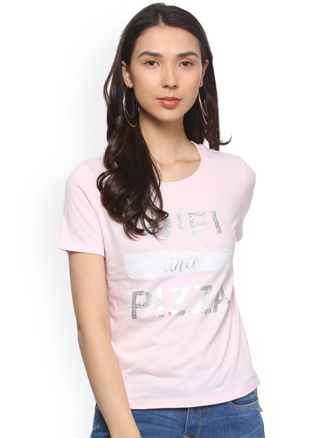 

People Women Pink Printed Round Neck T-shirt