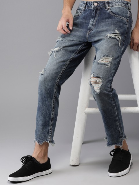 

HERE&NOW Men Blue Tapered Fit Mid-Rise Highly Distressed Cropped Jeans