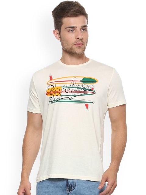 

People Men Cream-Coloured Printed Round Neck T-shirt