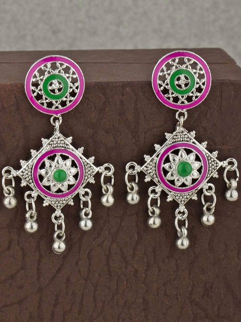

Voylla Silver-Toned & Green Contemporary Drop Earrings