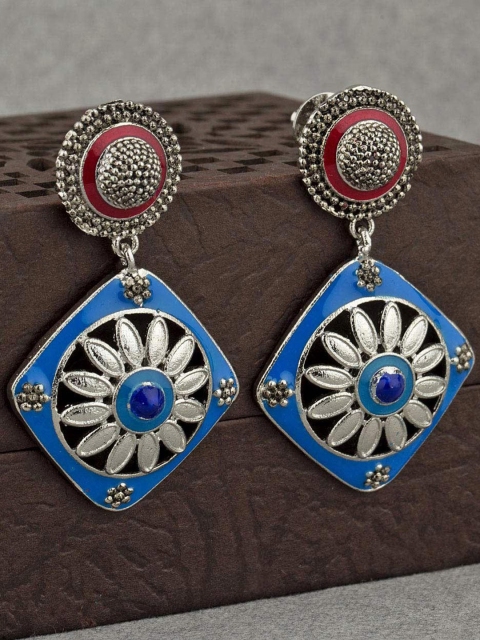 

Voylla Silver-Toned & Blue Geometric Drop Earrings
