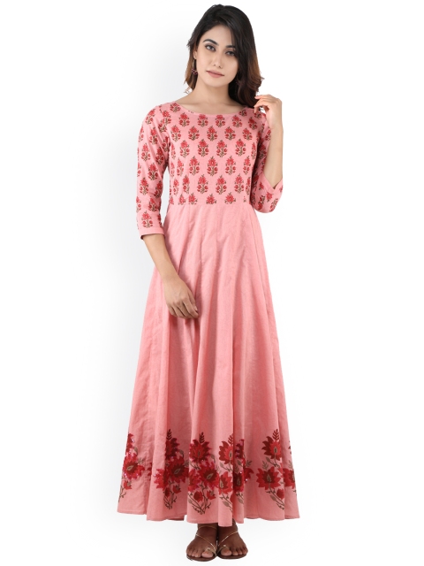 

anayna Women Pink & Red Block Printed Anarkali Kurta