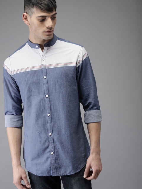

Moda Rapido Men Blue & White Regular Fit Colourblocked Chambray Casual Shirt