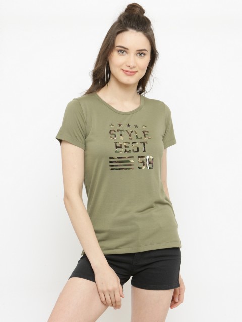 

plusS Women Olive Green Printed Round Neck T-shirt