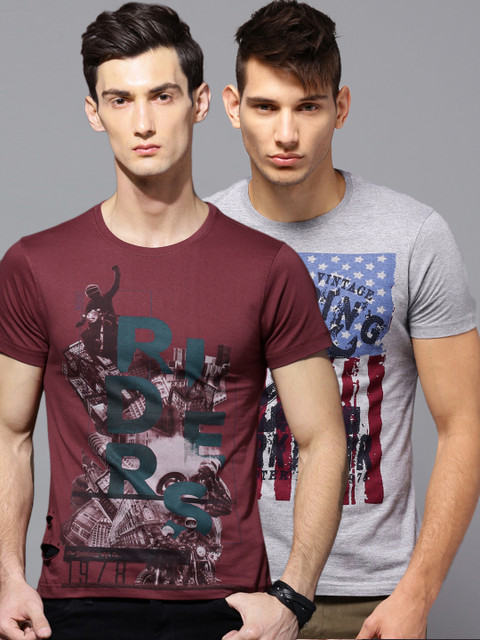 

Roadster Pack of 2 Printed T-shirts, Maroon