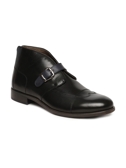

Language Men Black Solid Leather Mid-Top Flat Boots