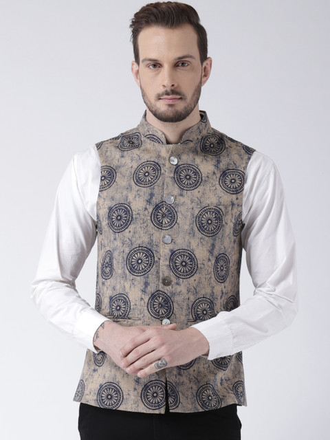 

Kisah Beige & Blue Bhagalpur Printed Nehru Jacket
