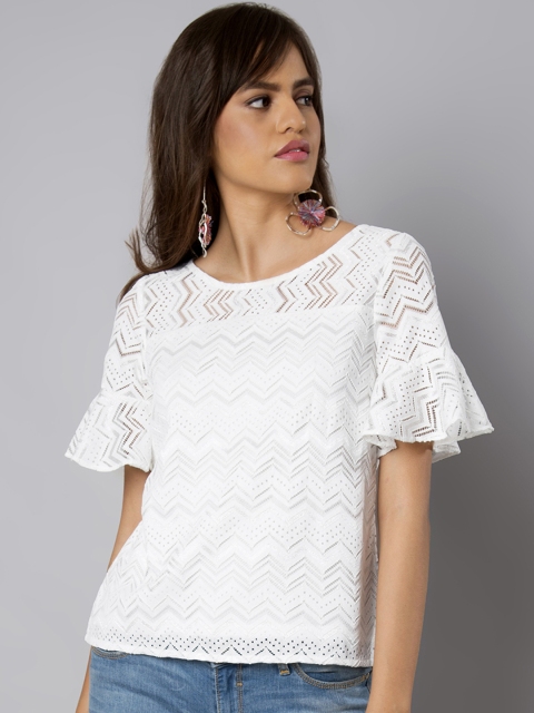 

FabAlley Women White Self Design Boxy Top