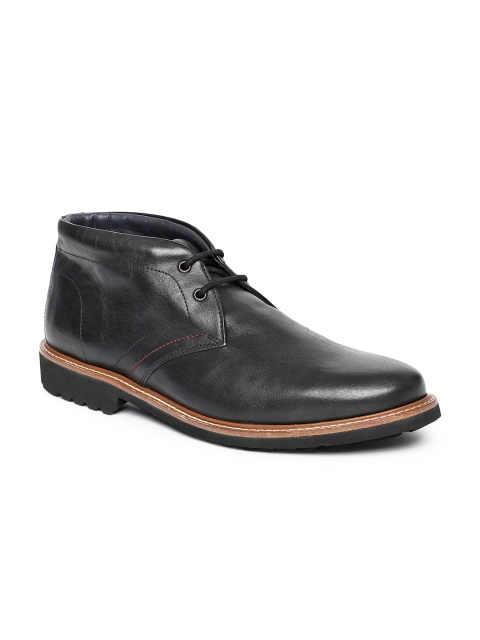 

Language Men Black Solid Leather Mid-Top Derbys