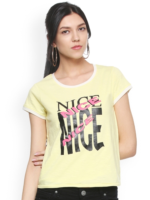 

People Women Yellow Printed Round Neck T-shirt