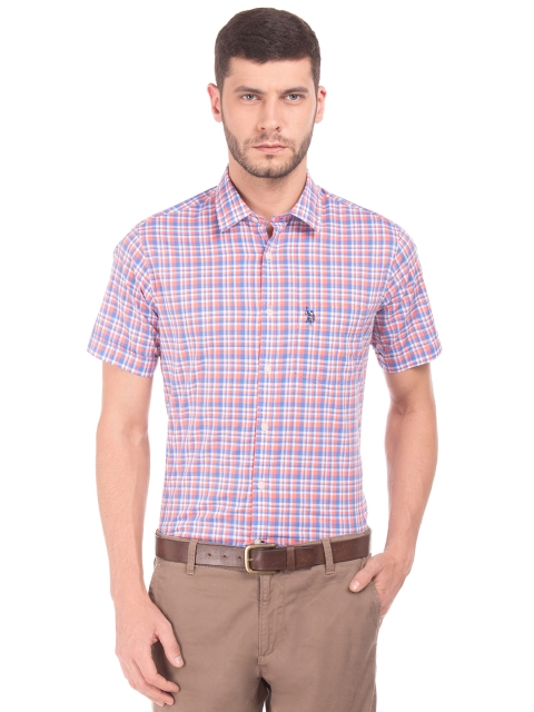 

U.S. Polo Assn. Men Orange & Blue Slim Fit Checked Formal Shirt