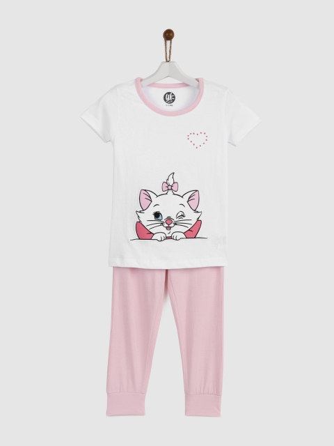 

YK Girls White & Pink Printed Night suit