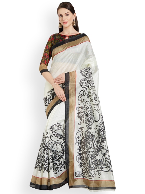 

Silk Bazar White & Black Art Silk Printed Bhagalpuri Saree