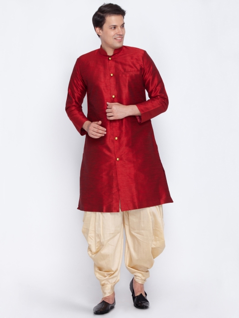 

VASTRAMAY Men Maroon Solid Sherwani With Gold-Toned Solid Dhoti Pants