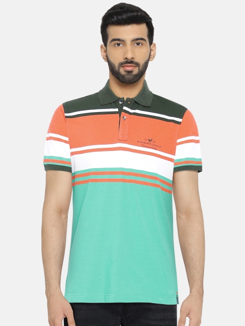

Blackberrys Men Green & Orange Striped Polo Collar T-shirt